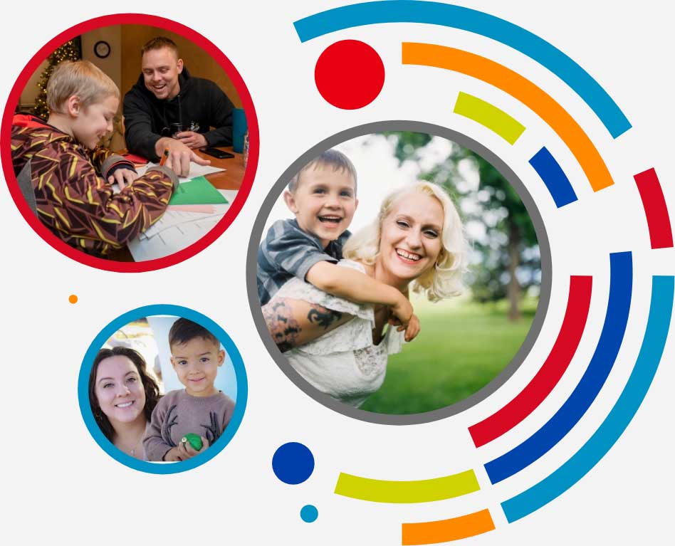 A collage of three photos: a smiling woman gives a piggyback ride to a young boy, a man helps a child with schoolwork, and a woman poses with a boy. Colorful, curved lines decorate the background. A collage of three photos: a smiling woman gives a piggyback ride to a young boy, a man helps a child with schoolwork, and a woman poses with a boy. Colorful, curved lines decorate the background.