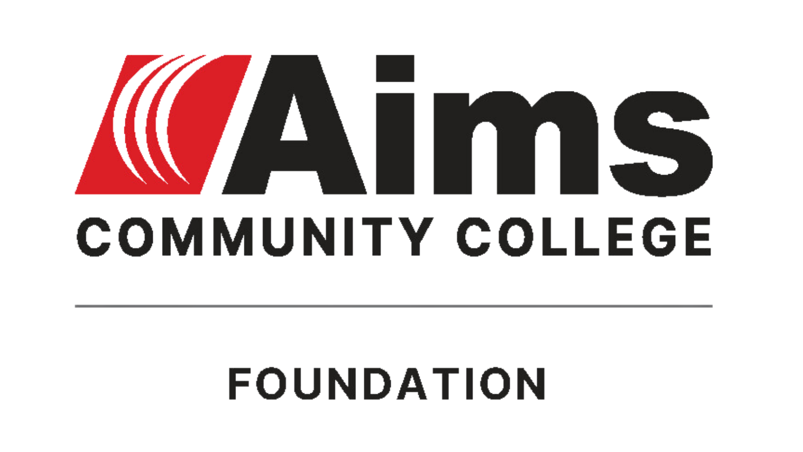Aims Community College Foundation logo featuring a red square with white curved lines next to the bold word "Aims," with "Community College" and "Foundation" written below.