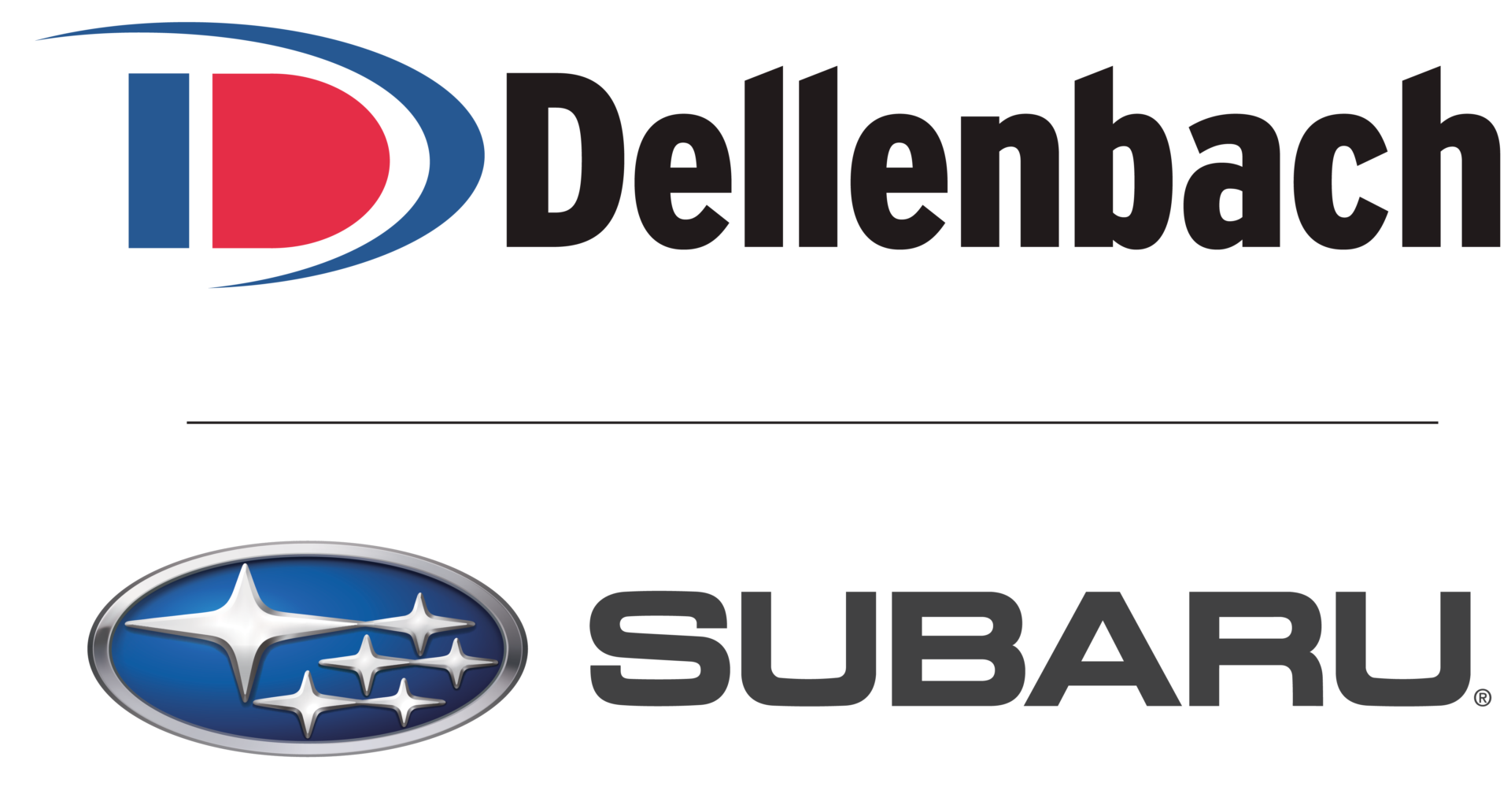 Dellenbach logo with a stylized red and blue "D" above the word "Dellenbach," and below, the Subaru logo with blue oval and silver stars next to the word "SUBARU.