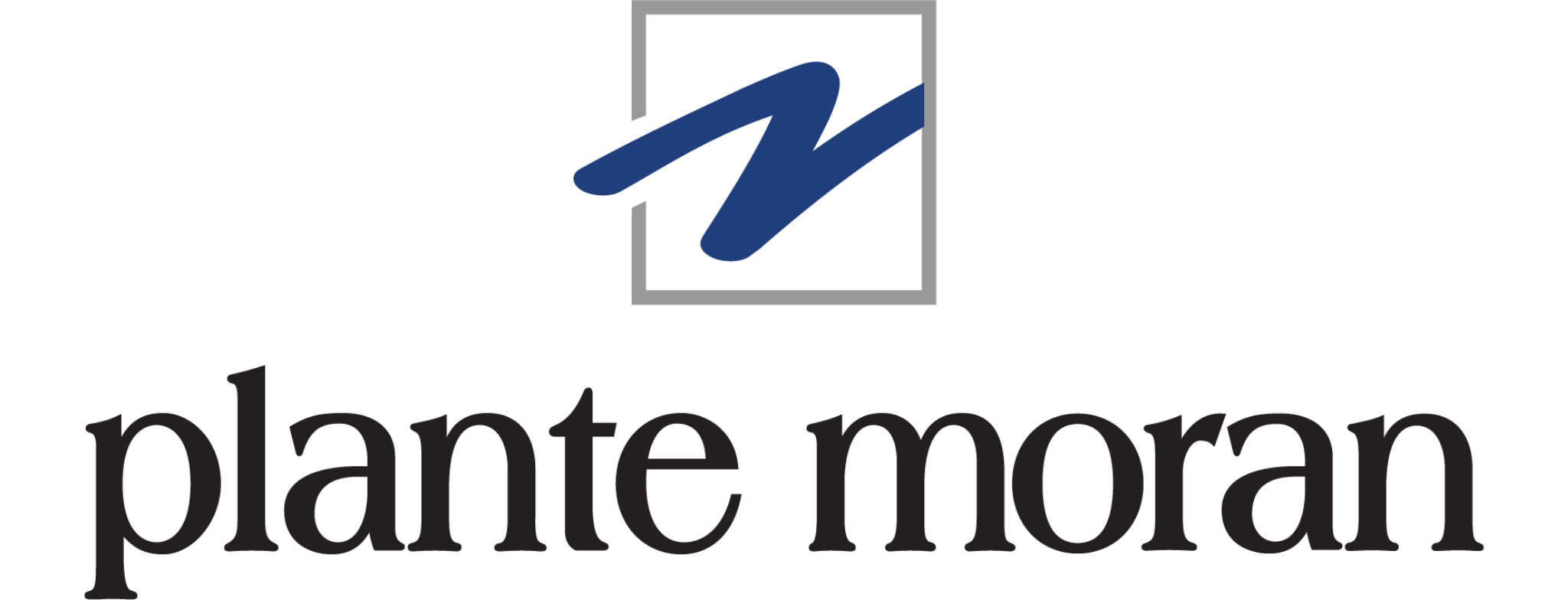 Plante Moran logo featuring a stylized blue "M" inside a gray square above the company name in black lowercase letters.