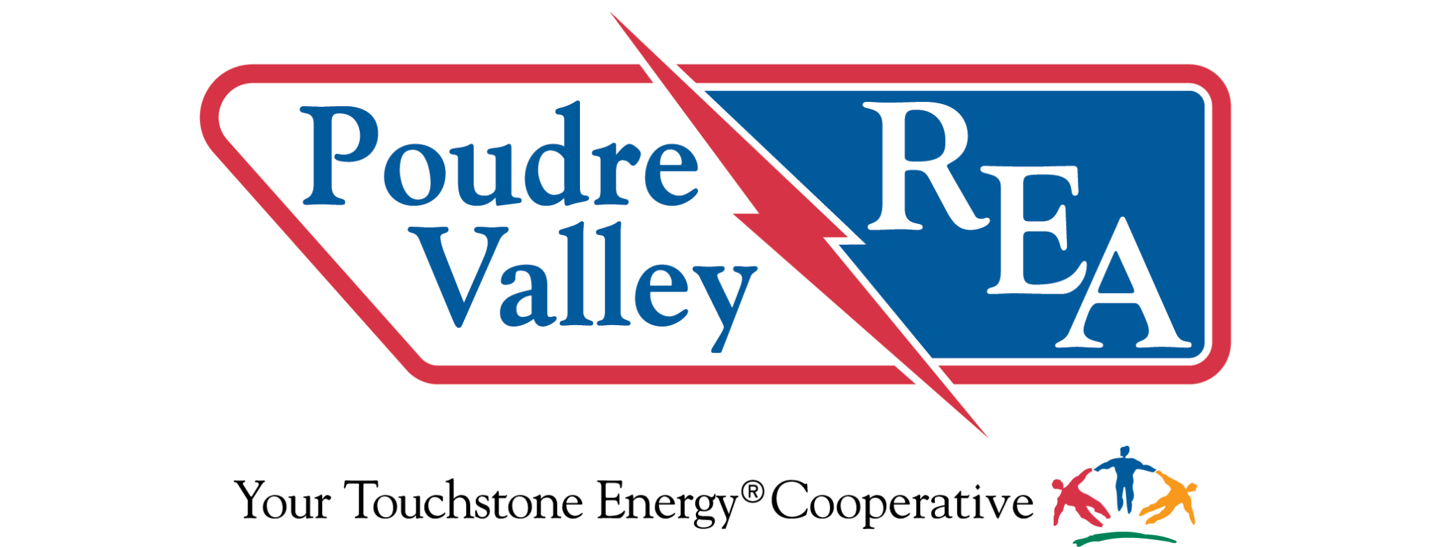 Logo for Poudre Valley REA with a red lightning bolt separating the words. Below, text reads "Your Touchstone Energy Cooperative" beside a colorful graphic of three people holding hands.