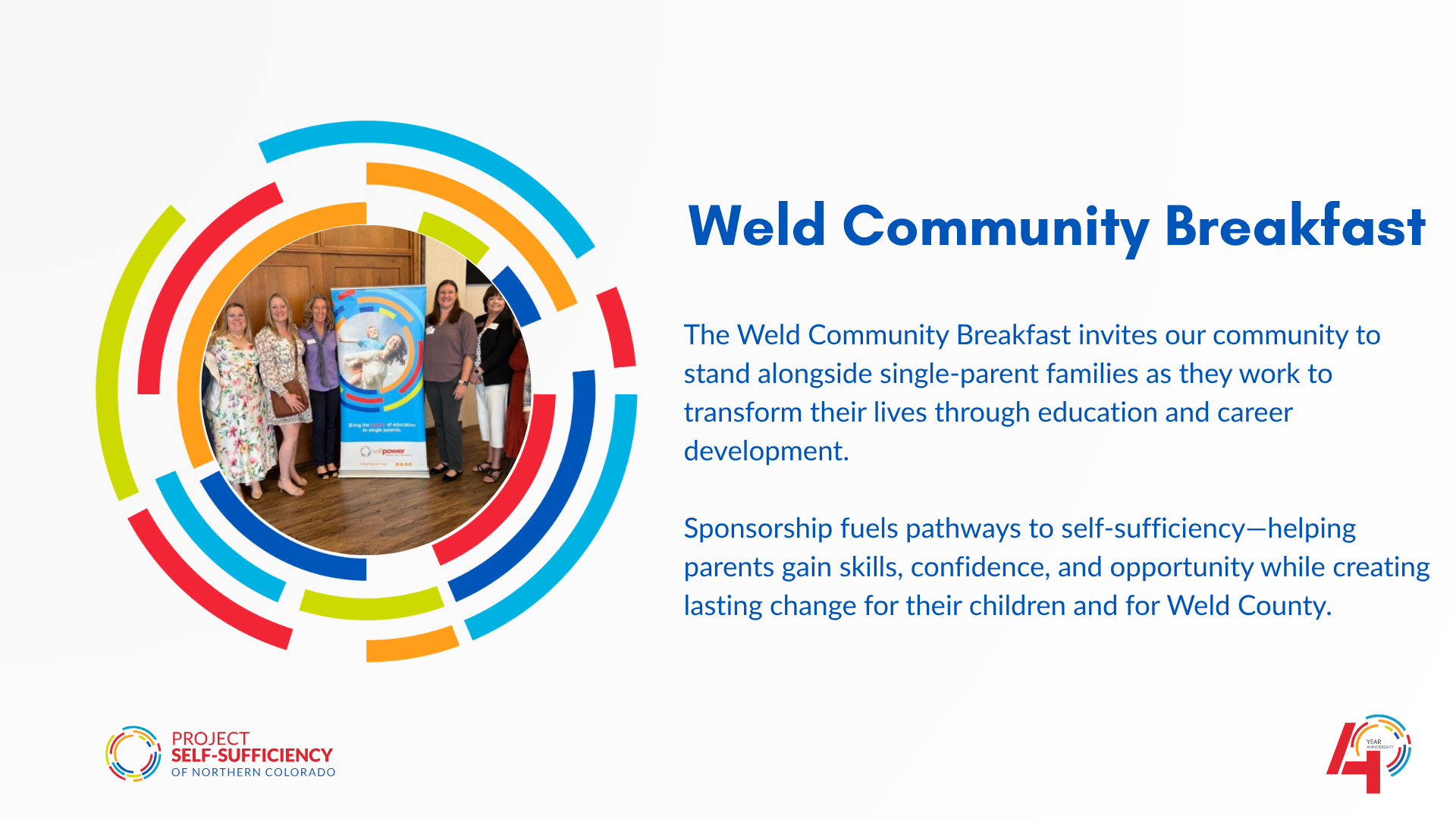 A group of women dressed in cocktail attire smile and pose together at a lively event, holding up decorative purses. Text describes the "Purses & Pearls Cocktail Party" supporting Project Self-Sufficiency for single-parent families.