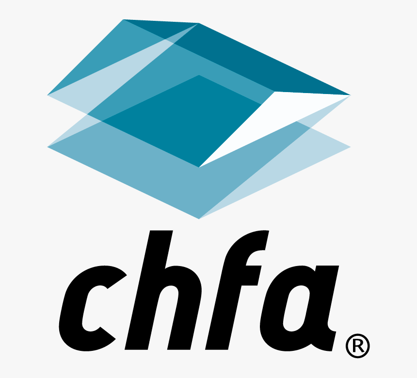 CHFA logo featuring overlapping blue geometric shapes above the lowercase black text "chfa" with a registered trademark symbol.