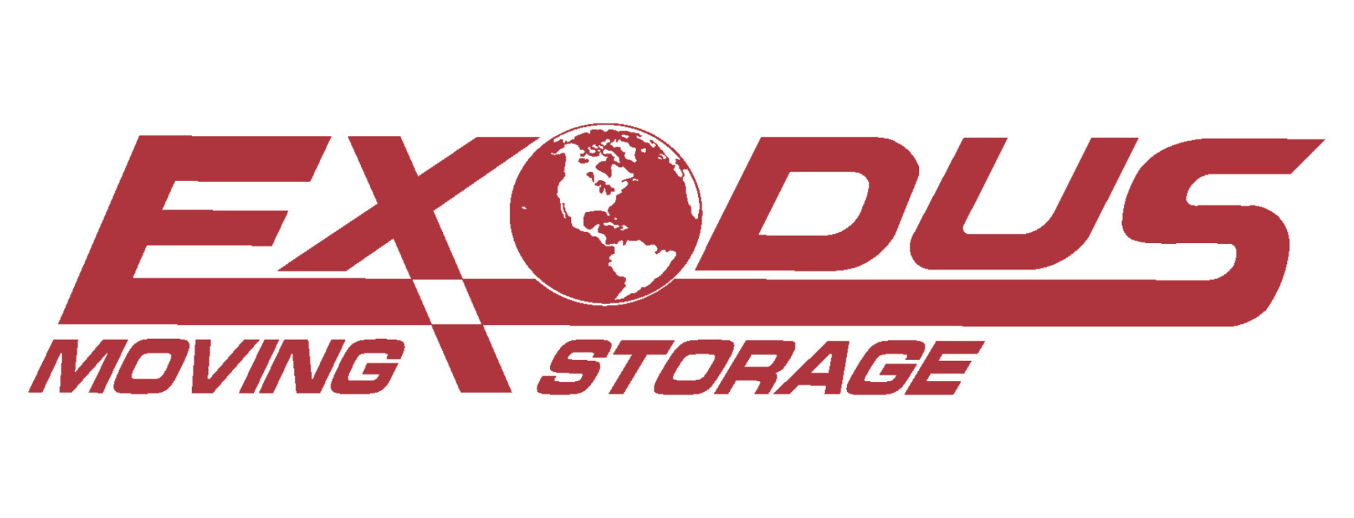 Logo for "Exodus Moving & Storage" in red text. The "O" in "Exodus" is replaced with an illustration of the Earth. The words "MOVING" and "STORAGE" are written in a smaller, italicized font below.