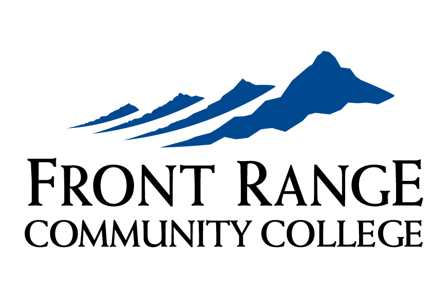 Logo of Front Range Community College featuring stylized blue mountain peaks above the college name written in bold black letters on a light background.