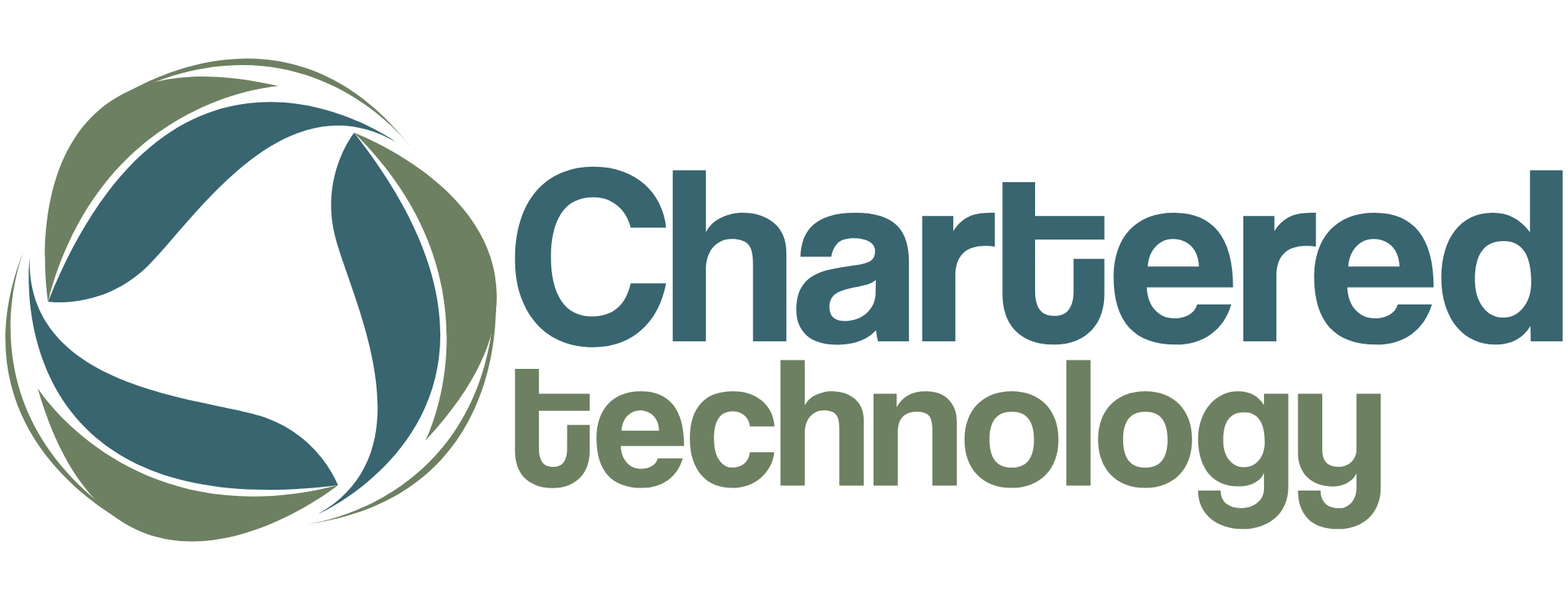 Logo for Chartered Technology showing an abstract circular symbol with green and blue shapes on the left, and the words "Chartered technology" in blue and green text on the right.