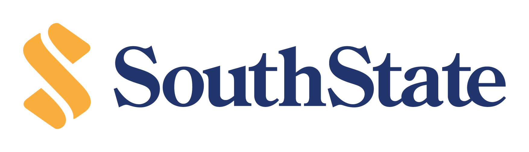SouthState logo featuring a stylized yellow "S" symbol on the left and the word "SouthState" in dark blue serif font on the right, set against a light background.