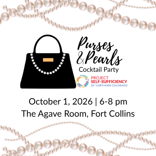 A flyer with pearl necklace borders, a black purse graphic, and text: "Purses & Pearls Cocktail Party, Project Self-Sufficiency of Northern Colorado, October 1, 2026, 6–8 pm, The Agave Room, Fort Collins.