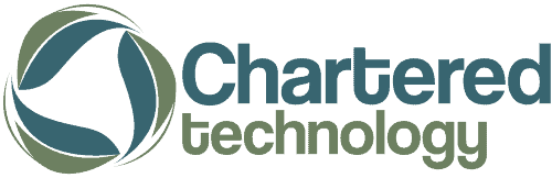 Logo for Chartered Technology with a green and blue abstract circular design on the left and the words "Chartered technology" in blue and green text on the right.