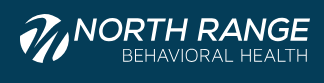 Logo for North Range Behavioral Health on a dark blue background, featuring a white abstract circular design to the left of the organization's name in bold white and light gray text.