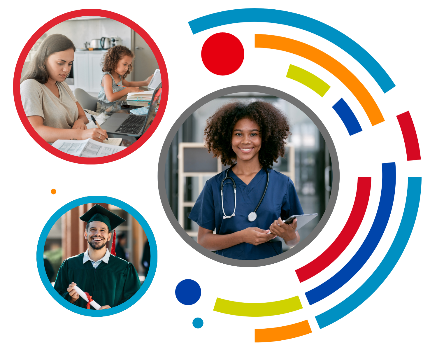 A collage featuring a woman helping a child with homework, a smiling nurse holding a tablet, and a graduate in cap and gown, surrounded by colorful curved lines and circles.