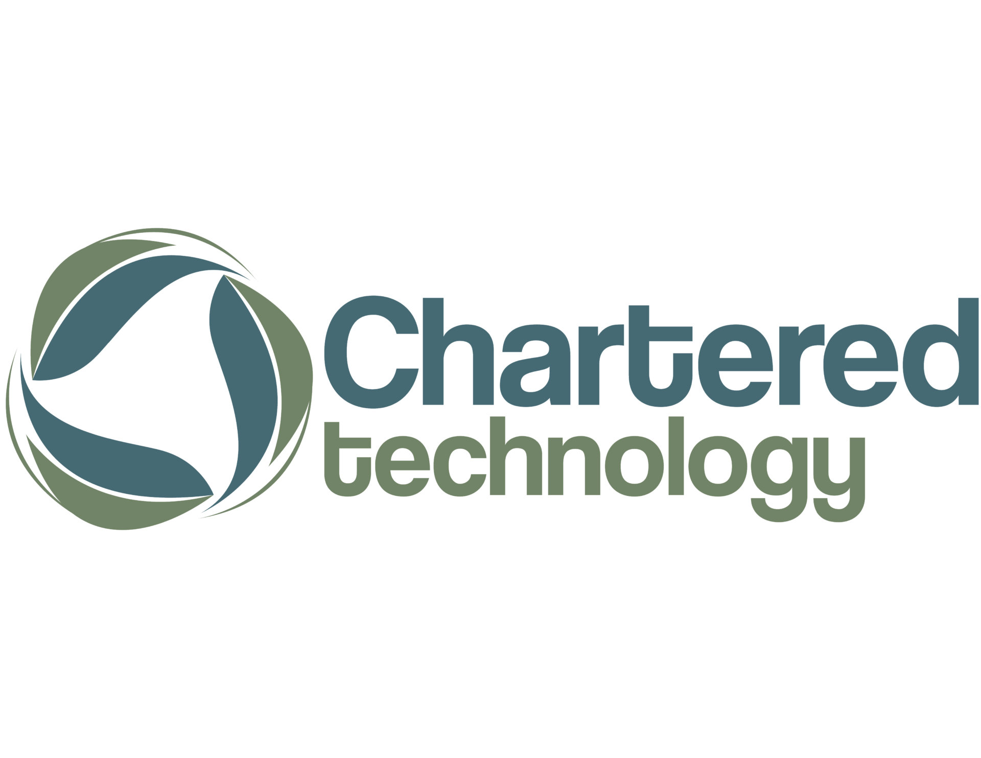 Logo with green and blue abstract circular design on the left and the words "Chartered technology" in bold blue and green text on the right, all on a white background.