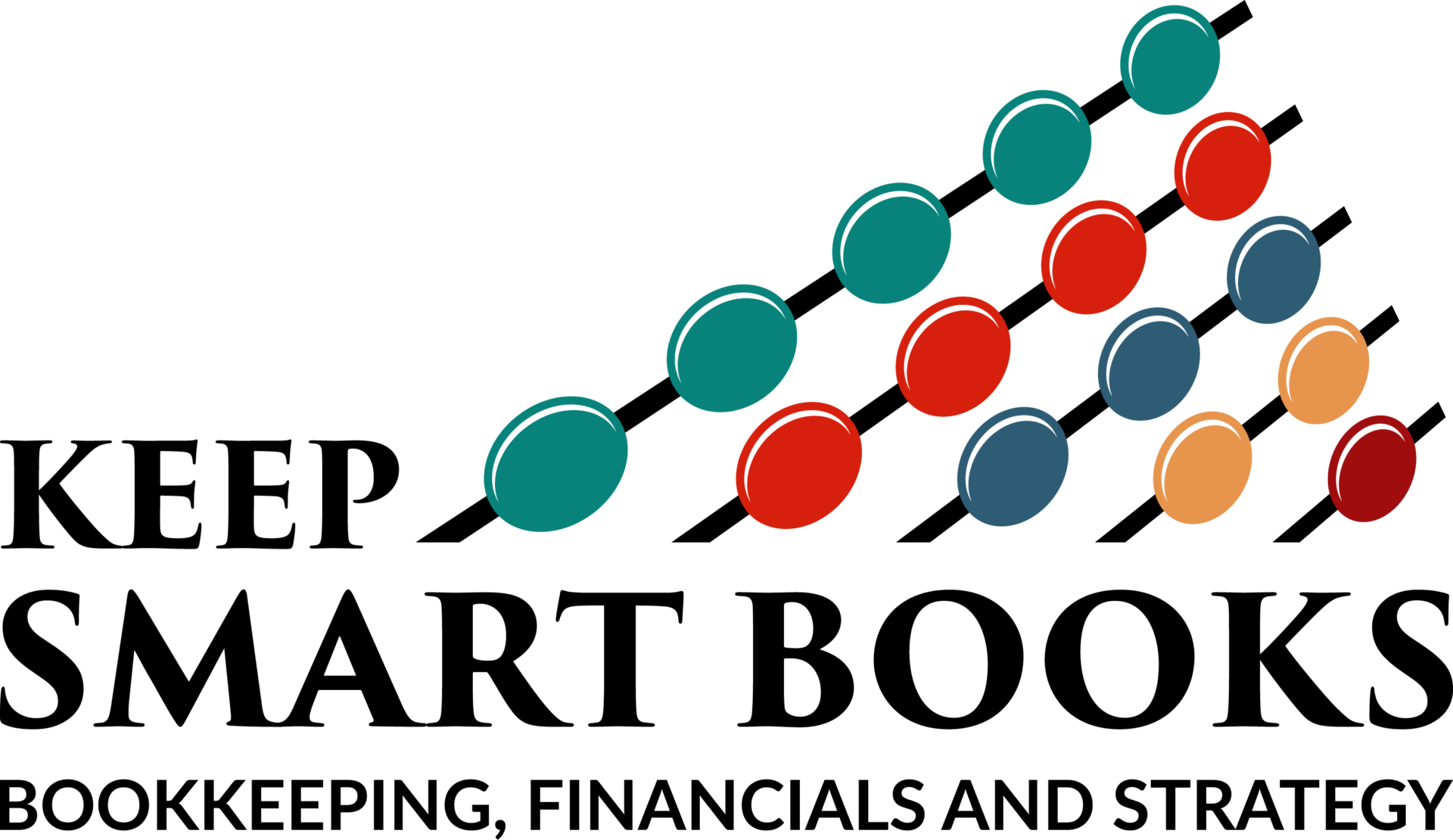 Logo for "Keep Smart Books" featuring colored abacus beads above the text. The tagline below reads "Bookkeeping, Financials and Strategy." The design uses black text and teal, red, and orange beads.