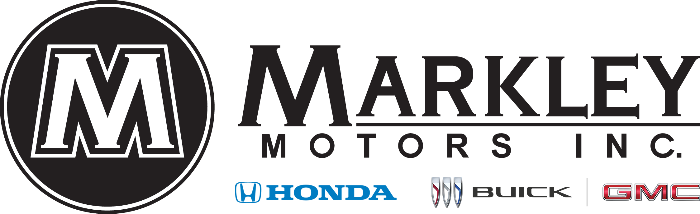 Markley Motors Inc. logo featuring a large "M" in a black circle and the names of car brands Honda, Buick, and GMC with their logos below the company name.