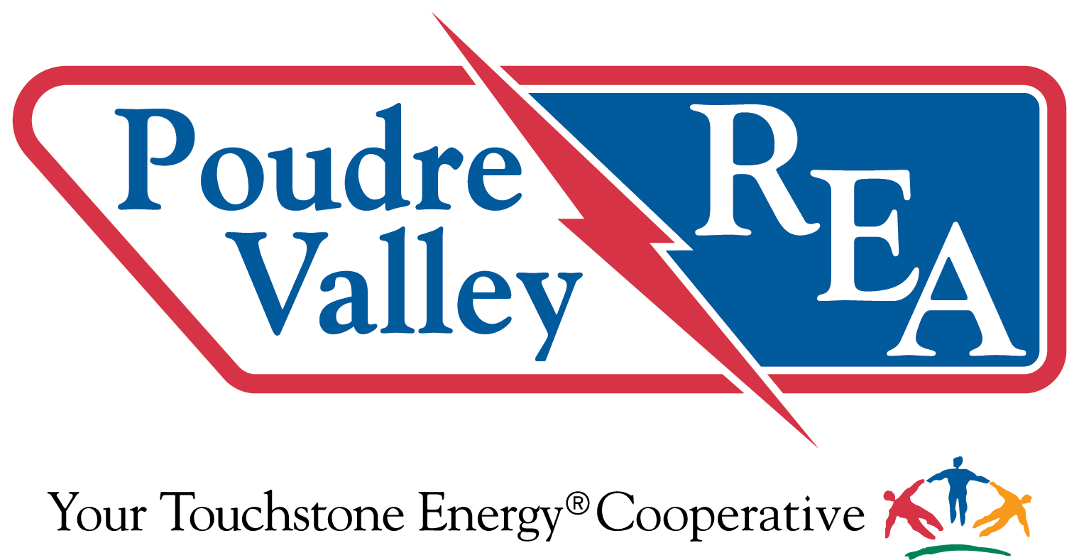 Logo of Poudre Valley REA with a red lightning bolt through the name, bordered by red and blue, and the phrase "Your Touchstone Energy Cooperative" with three colorful human figures below.
