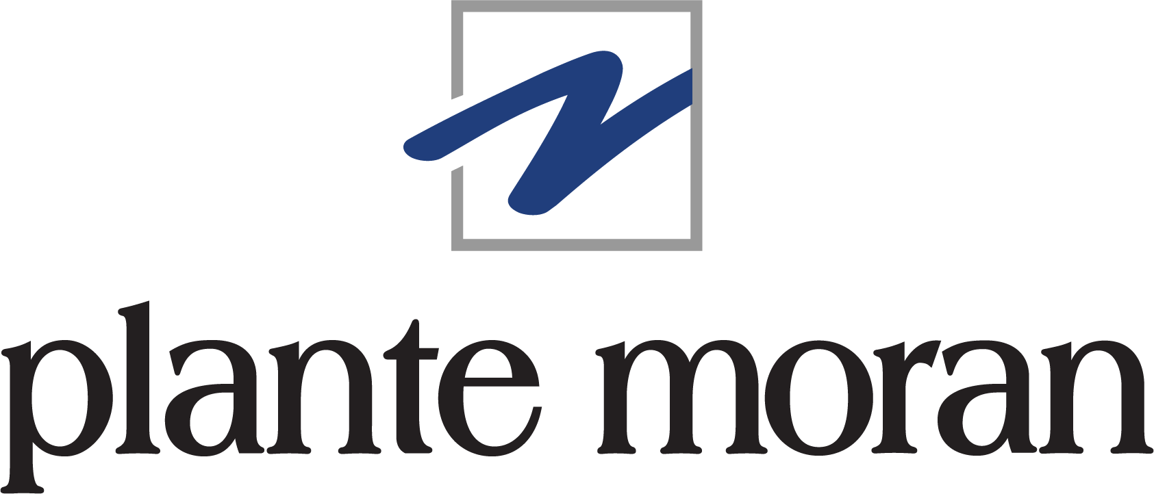 Plante Moran logo featuring a blue, stylized "M" inside a gray rectangle above the words "plante moran" in black, lowercase serif font.