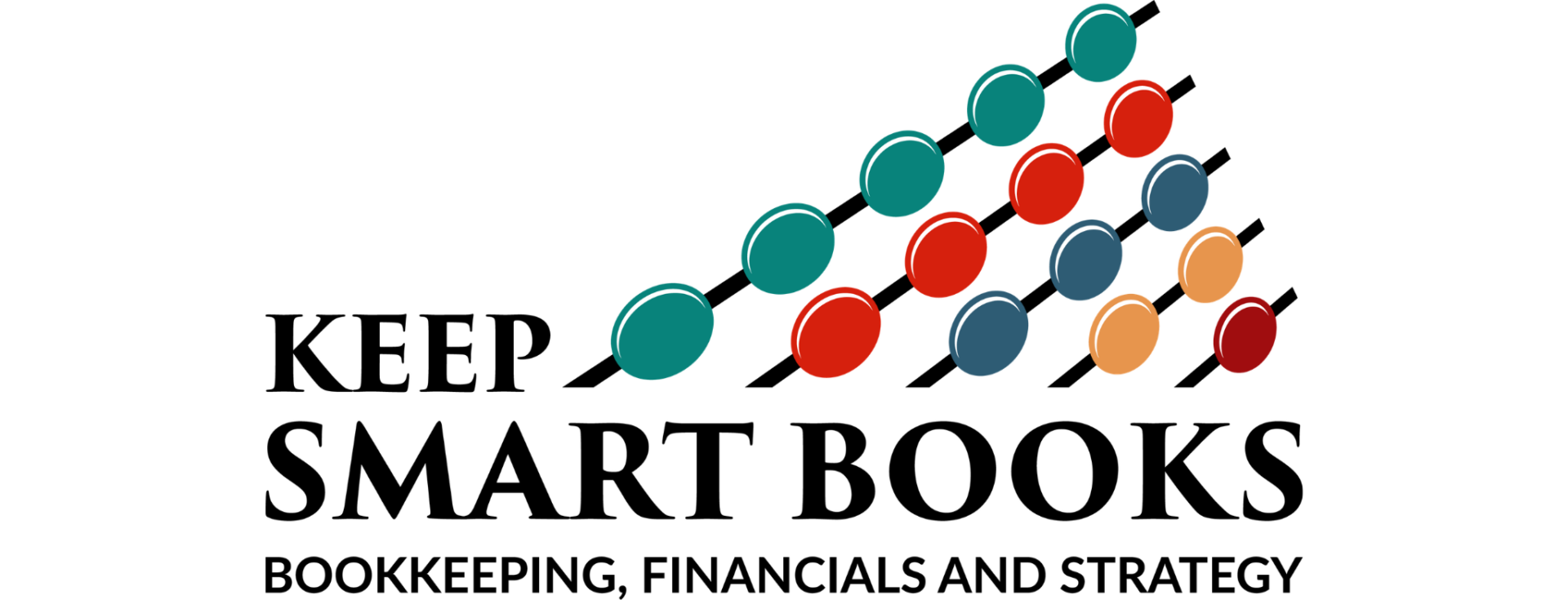 Logo for "Keep Smart Books" featuring colored abacus beads arranged diagonally above the company name, with the tagline "Bookkeeping, Financials and Strategy" below.