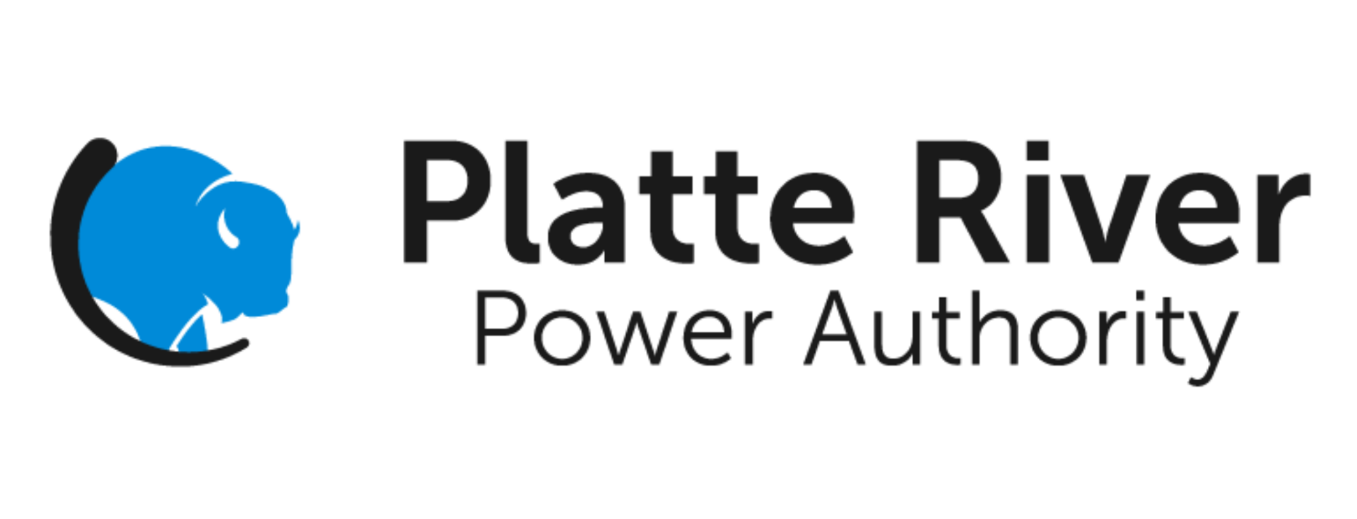 Platte River Power Authority logo with a blue bison silhouette inside a black curved line followed by the organization's name in black text on a white background.