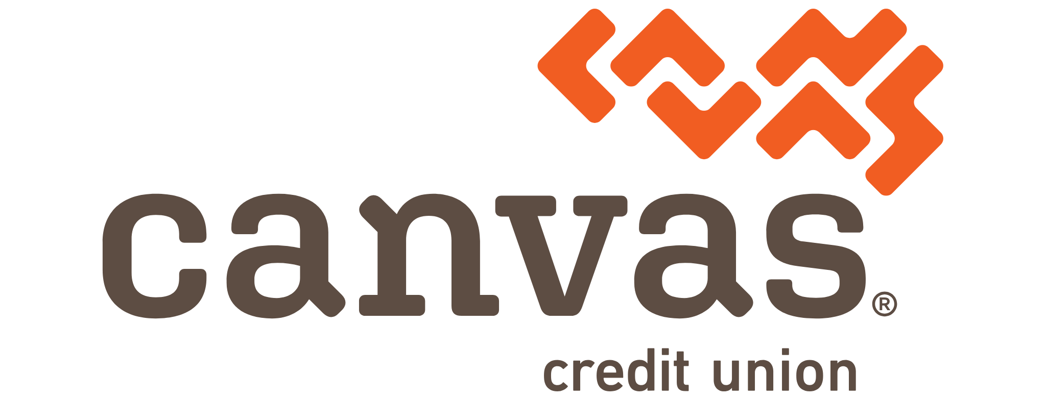 Canvas Credit Union logo with bold, lowercase brown text "canvas" and smaller "credit union" beneath it. Above, there are four orange abstract shapes arranged in a diagonal pattern.