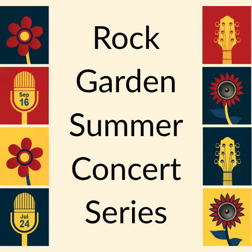Poster for "Rock Garden Summer Concert Series" with illustrations of guitars, microphones, and flowers on colorful backgrounds. Dates shown: Sep 16 and Jul 24. Poster for "Rock Garden Summer Concert Series" with illustrations of guitars, microphones, and flowers on colorful backgrounds. Dates shown: Sep 16 and Jul 24.