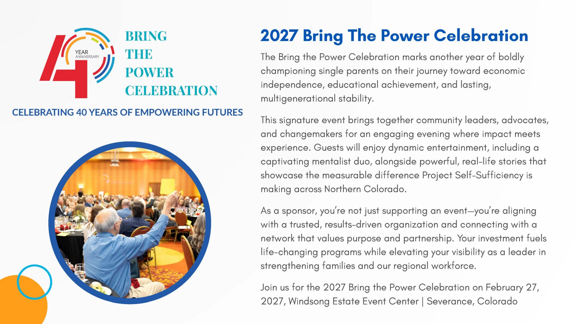 A promotional flyer for the "2027 Bring The Power Celebration" featuring colorful graphics, event details, a photo of a speaker addressing an audience, and text highlighting the event's purpose and sponsors.