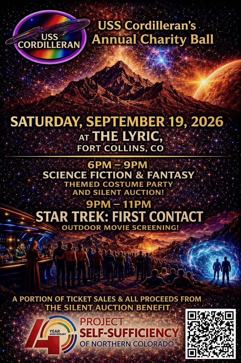 Poster for the USS Cordilleran’s Annual Charity Ball, featuring a sci-fi and fantasy costume party, silent auction, and screening of "Star Trek: First Contact" on September 19, 2026, in Fort Collins, CO.