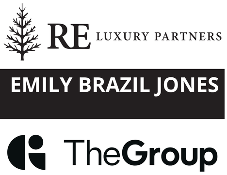 Logos for "RE Luxury Partners" with a tree icon, "Emily Brazil Jones" in bold white text on a black background, and "The Group" with a circular abstract symbol. Logos for "RE Luxury Partners" with a tree icon, "Emily Brazil Jones" in bold white text on a black background, and "The Group" with a circular abstract symbol.