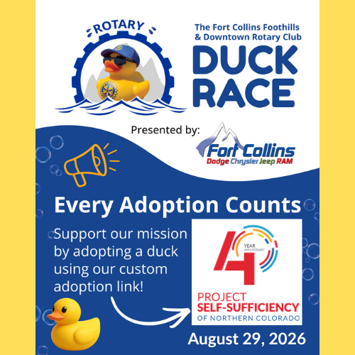 Event poster for the Rotary Duck Race, featuring a yellow rubber duck, event sponsors, and details: "Every Adoption Counts," supporting Project Self-Sufficiency. Event date is August 29, 2026.