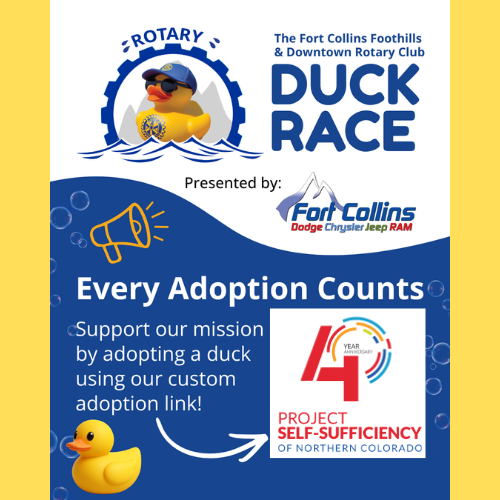 Promotional poster for the Rotary Duck Race, featuring a rubber duck, sponsor logos, and a call to support Project Self-Sufficiency by adopting a duck. Blue and yellow theme with bubble graphics. Promotional poster for the Rotary Duck Race, featuring a rubber duck, sponsor logos, and a call to support Project Self-Sufficiency by adopting a duck. Blue and yellow theme with bubble graphics.