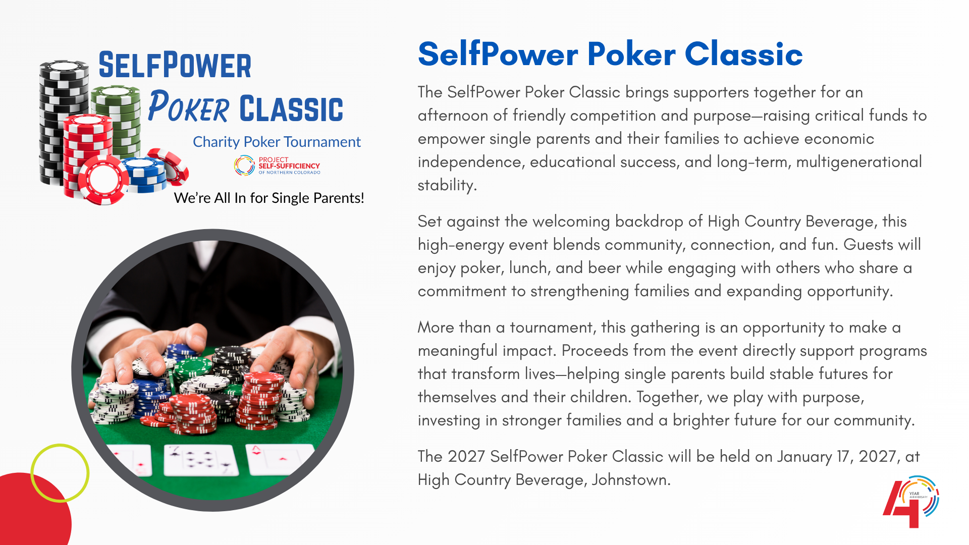 A flyer promoting the SelfPower Poker Classic charity tournament for single parents, detailing the event's purpose, date (January 17, 2027), and location (High Country Beverage, Johnstown), with text and illustrations.