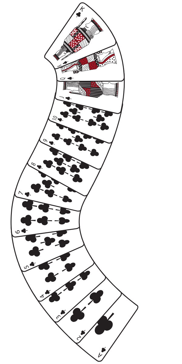 A curved fan of playing cards, all clubs, arranged from Ace at the bottom to King at the top, showing the full suit in order.