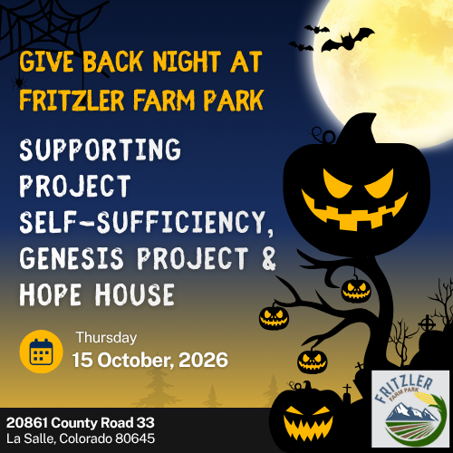 A spooky pumpkin patch scene advertises “Give Back Night at Fritzler Farm Park” on October 15, 2026, supporting Project Self-Sufficiency, Genesis Project, and Hope House. Event location and farm logo shown.
