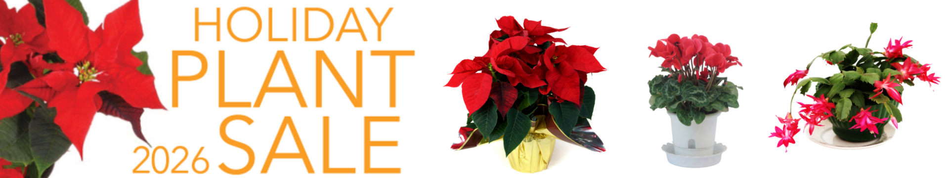 Banner reads “Holiday Plant Sale 2026” with images of poinsettia and other festive potted plants with red flowers on a white background.