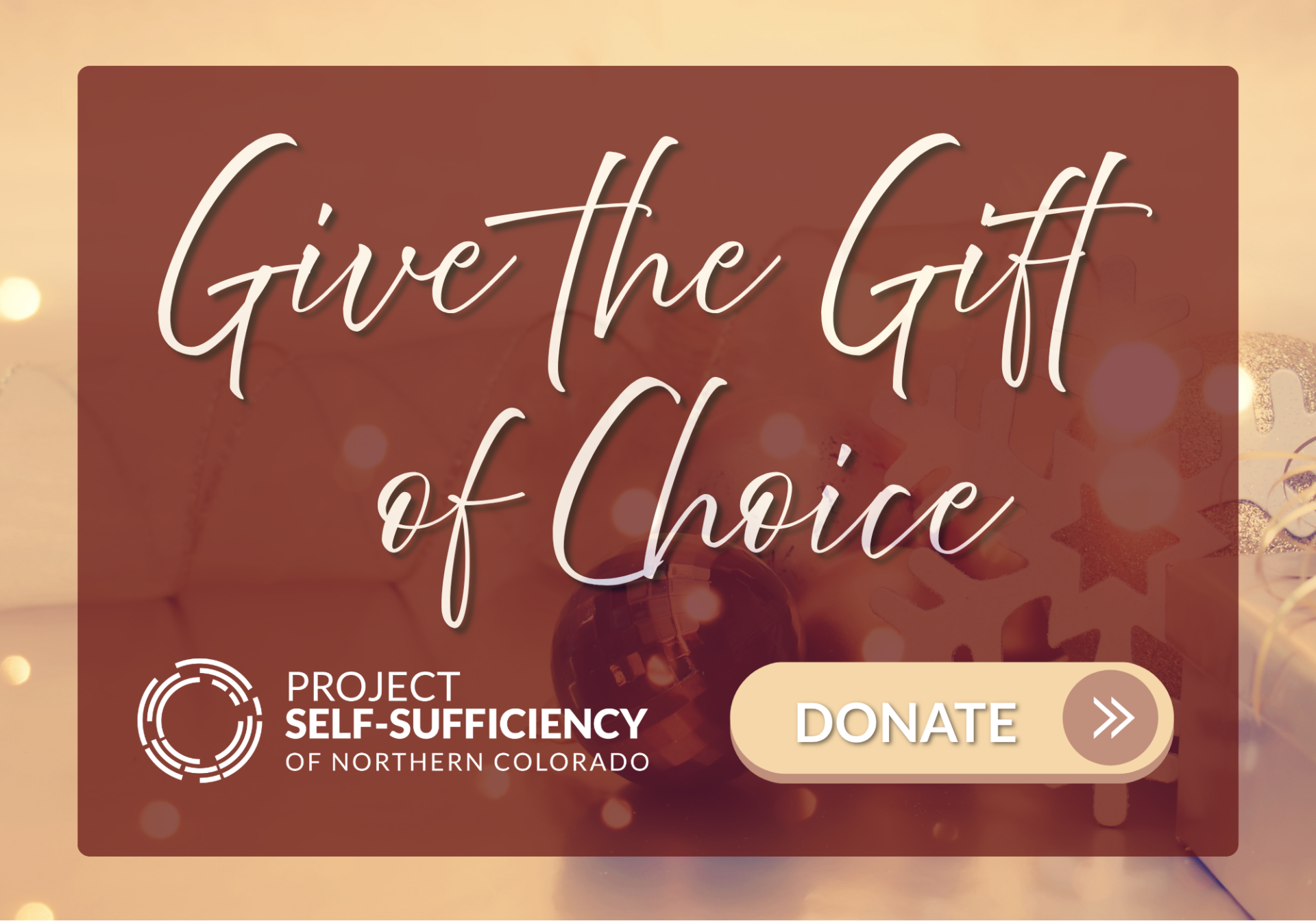 Graphic with the text “Give the Gift of Choice,” the Project Self-Sufficiency of Northern Colorado logo, and a Donate button.
